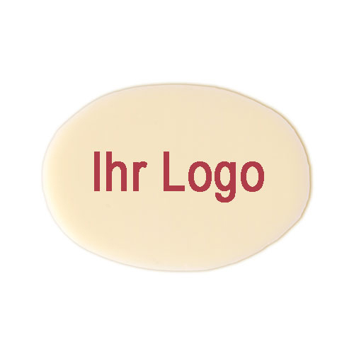 Schokoaufleger, oval, weiß, Logo rot, 25200 St.